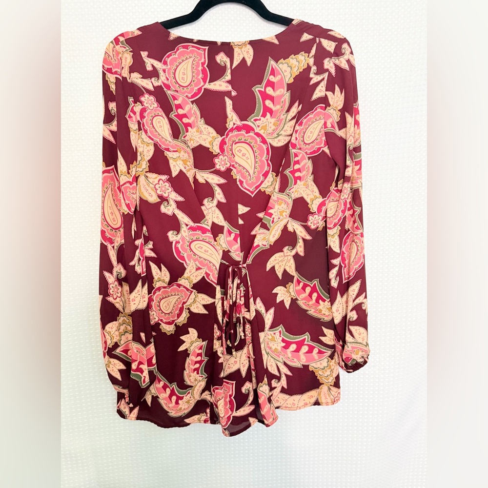 Show Me Your Mumu V-Neck Tie Back Paisley Romper Vino Vine Long Sleeve | Small - Picture 6 of 9